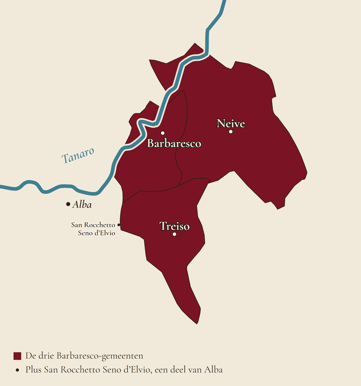 Kaart van het Barbaresco-gebied: de gemeenten Barbaresco, Neive en Treiso langs de Tanaro, ten oosten van Alba, met San Rocchetto Seno d’Elvio