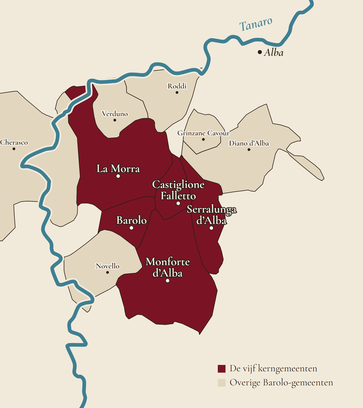 Kaart van het Barolo-gebied: de elf gemeenten langs de Tanaro, met de vijf kerngemeenten La Morra, Barolo, Castiglione Falletto, Serralunga d’Alba en Monforte d’Alba uitgelicht