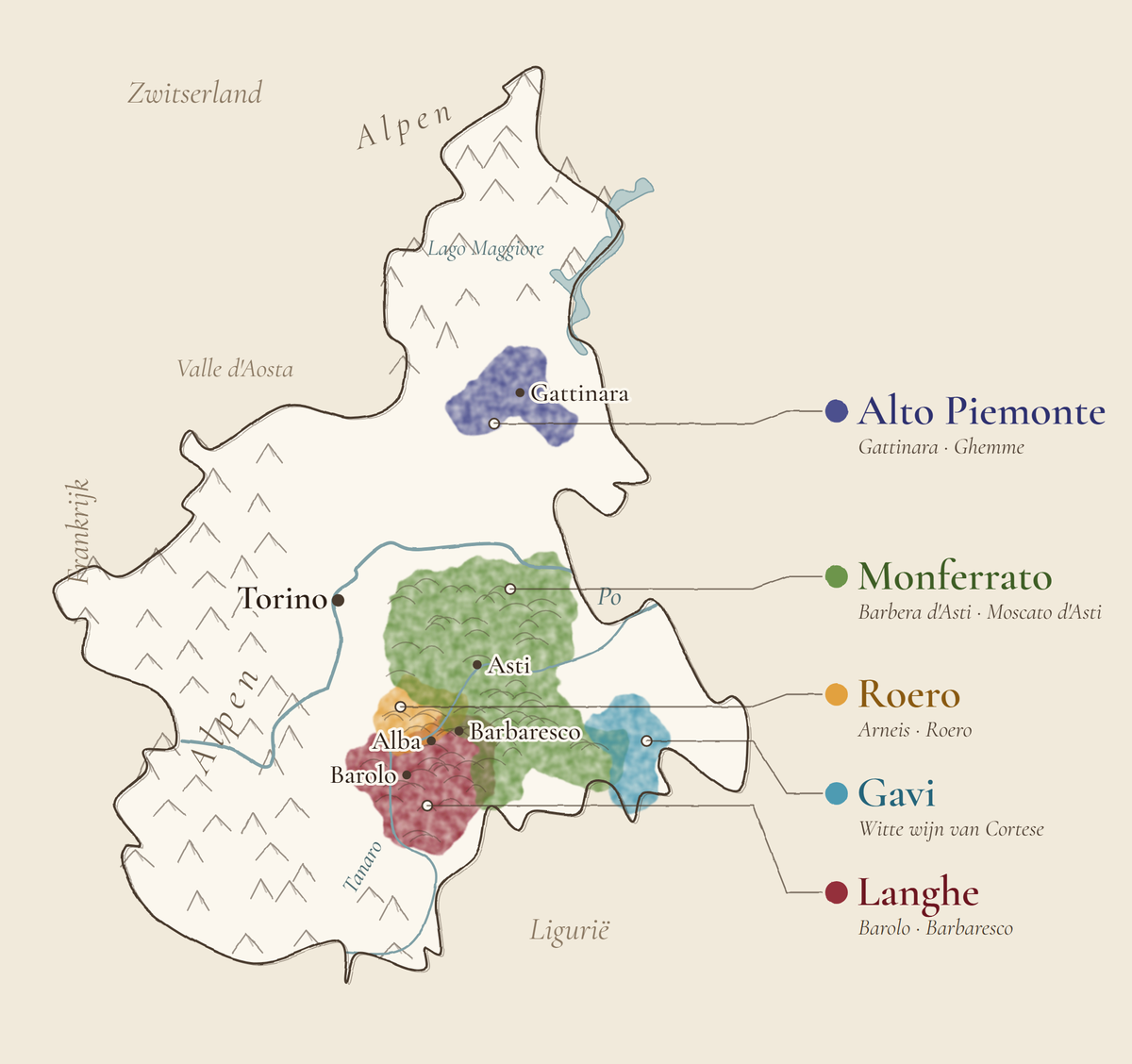 Geschetste kaart van Piemonte met de wijnstreken: Alto Piemonte in het noorden, Monferrato rond Asti, Roero ten noorden van Alba, Langhe ten zuiden van Alba en Gavi in het zuidoosten